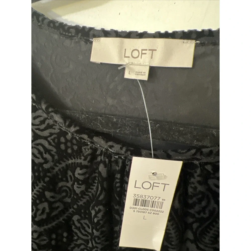 LOFT  L Puff Sleeve Floral Velvet Burnout Blouse‎ Shirt Top Black New Y2K Goth